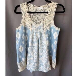 100% Cotton Skylar + Jade Tank Top Blue White Ikat Floral Lace Small